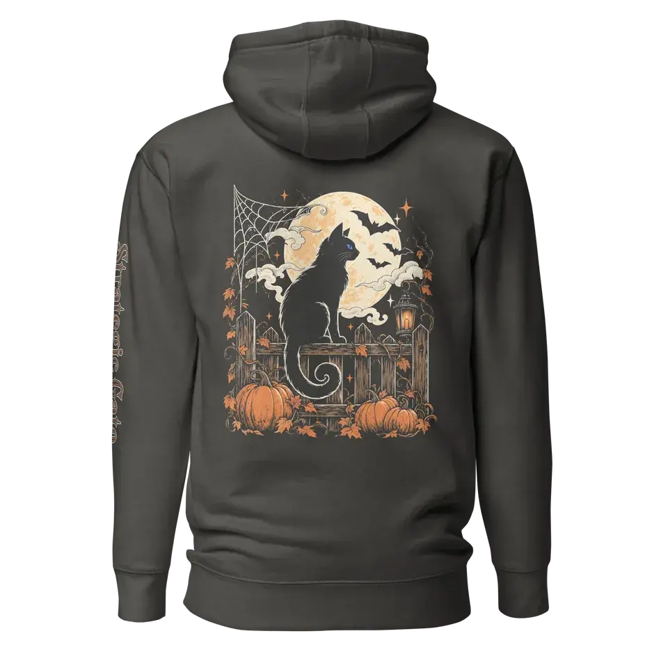 Back of the Vintage Black Gato-o'-Lantern Hoodie: a black cat on a fence against a full moon, with pumpkins and a porch lantern
