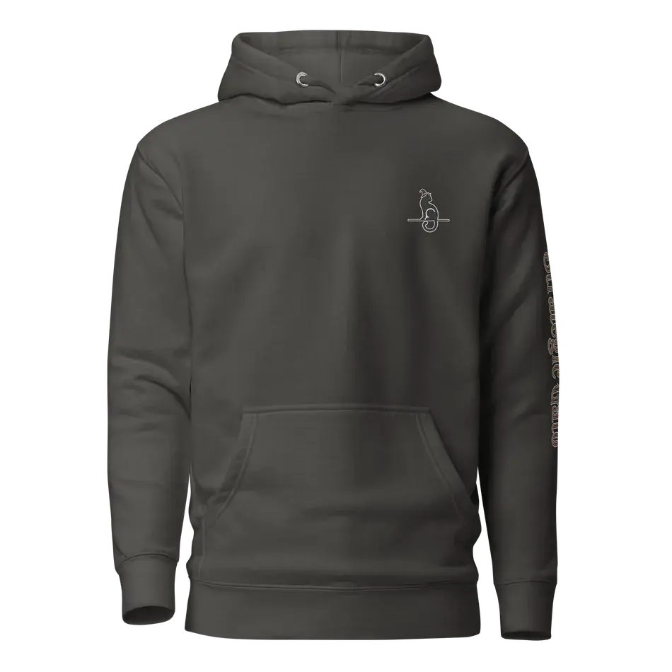 Front of the Vintage Black hoodie with a small witch-hat cat mark on the chest