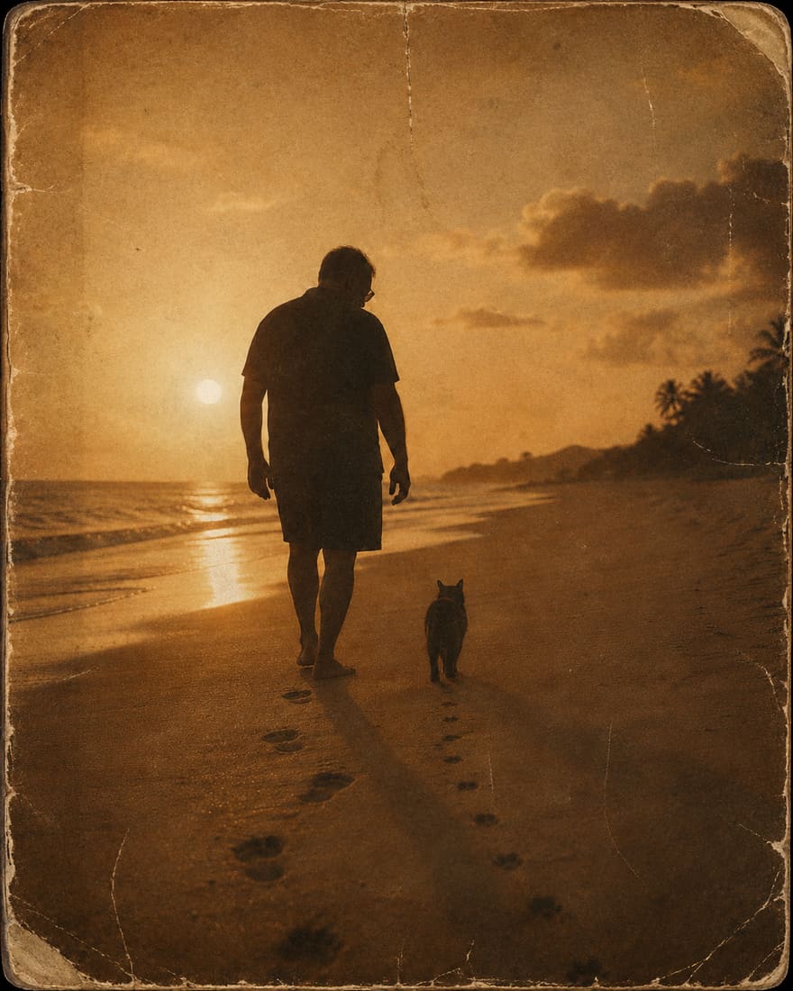 Strategic Gato founder Mark Kapp walking barefoot along a beach at sunset, a small cat padding beside him, their footprints and paw prints trailing behind them in the wet sand.