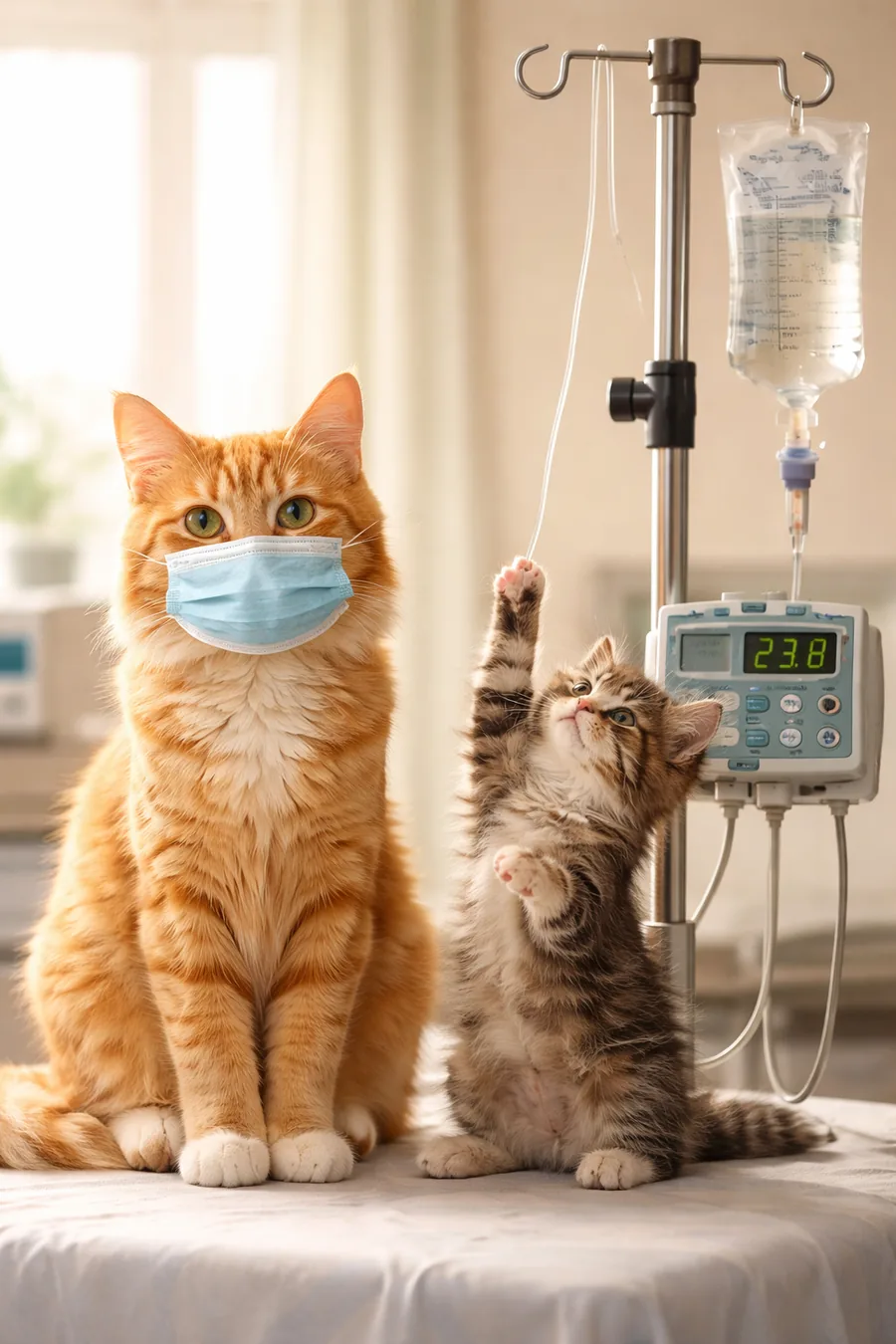 A masked cat and a kitten at an IV pole in a veterinary clinic